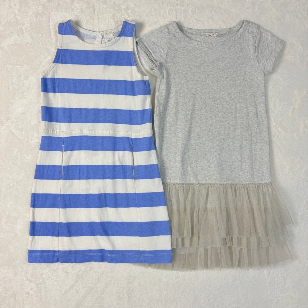 Crewcuts Dress Lot Kids 6 Blue White Striped Grey Tulle Hem Good 100% Cotton